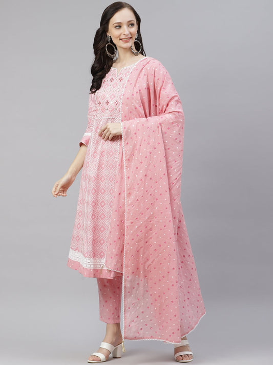 Women'S Pink Cotton A-Line Kurta Pant Set With Dupatta | LASVINI - Redefining Indian Fashion with Elegance