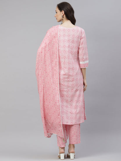 Women'S Pink Cotton A-Line Kurta Pant Set With Dupatta | LASVINI - Redefining Indian Fashion with Elegance
