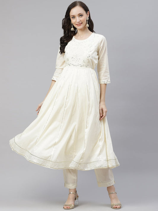 Women'S Off White Cotton Anarkali Kurta Pant Set | LASVINI - Redefining Indian Fashion with Elegance