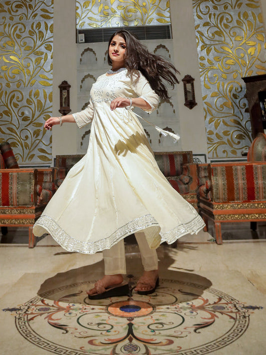 Women Off White Cotton Anarkali Kurta Pant Set | LASVINI - Redefining Indian Fashion with Elegance