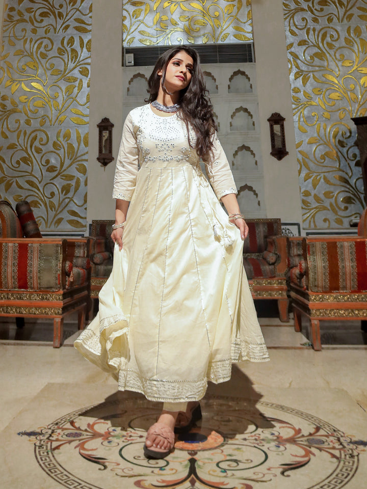 Women Off White Cotton Anarkali Kurta Pant Set | LASVINI - Redefining Indian Fashion with Elegance