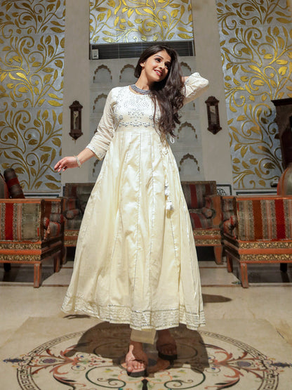 Women'S Off White Cotton Anarkali Kurta Pant Set | LASVINI - Redefining Indian Fashion with Elegance