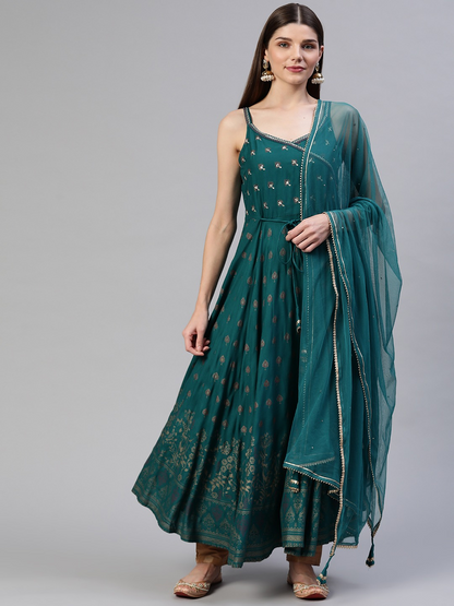 Women'S Rama Green Rayon Shoulder Strip Anarkali Kurta With Net Dupatta | LASVINI - Redefining Indian Fashion with Elegance