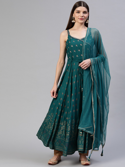 Women'S Rama Green Rayon Shoulder Strip Anarkali Kurta With Net Dupatta | LASVINI - Redefining Indian Fashion with Elegance