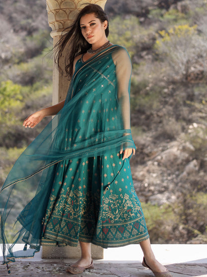 Women Rama Green Rayon Shoulder Strip Anarkali Kurta With Net Dupatta | LASVINI - Redefining Indian Fashion with Elegance