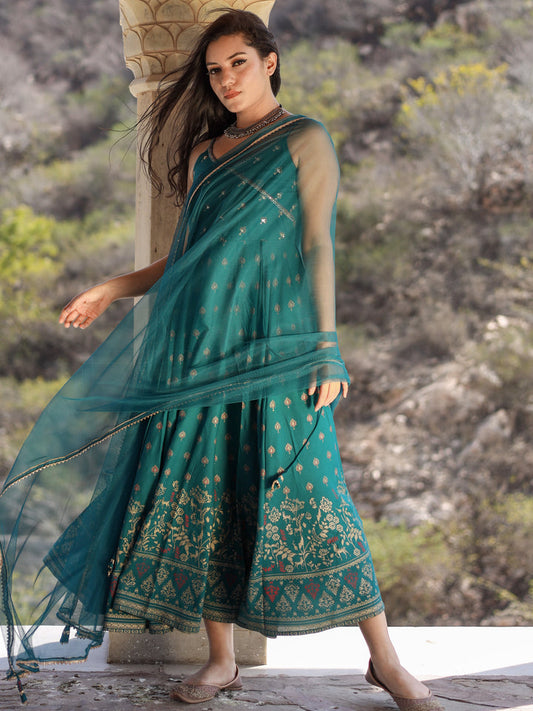 Women Rama Green Rayon Shoulder Strip Anarkali Kurta With Net Dupatta | LASVINI - Redefining Indian Fashion with Elegance