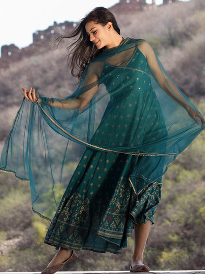 Women'S Rama Green Rayon Shoulder Strip Anarkali Kurta With Net Dupatta | LASVINI - Redefining Indian Fashion with Elegance