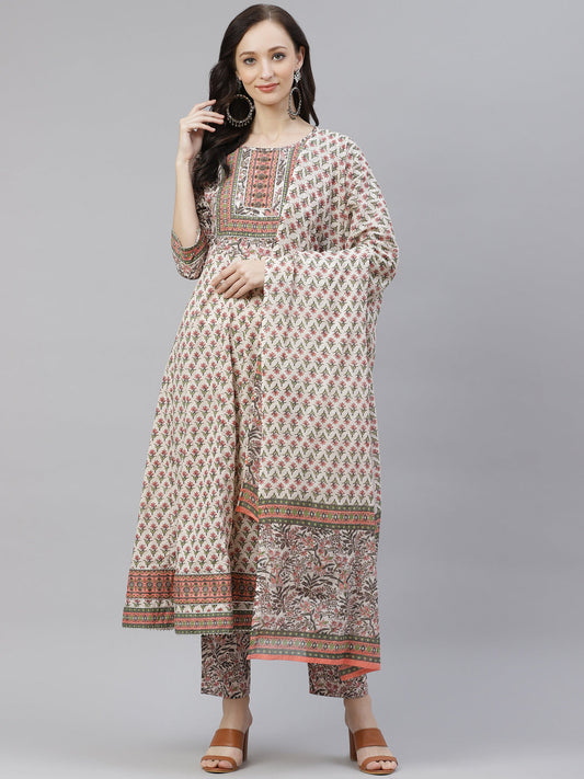 Women'S Off White Floral Anarkali Kurta Pant Set With Dupatta | LASVINI - Redefining Indian Fashion with Elegance