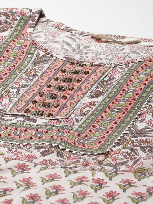 Women'S Off White Floral Anarkali Kurta Pant Set With Dupatta | LASVINI - Redefining Indian Fashion with Elegance