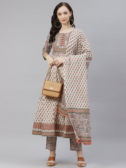 Women'S Off White Floral Anarkali Kurta Pant Set With Dupatta | LASVINI - Redefining Indian Fashion with Elegance