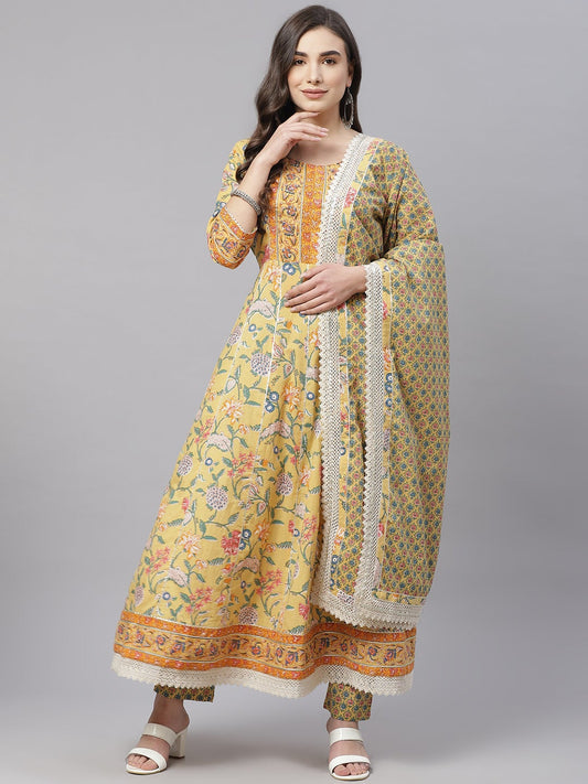 Women'S Yellow Floral Anarkali Pant Set With Dupatta | LASVINI - Redefining Indian Fashion with Elegance