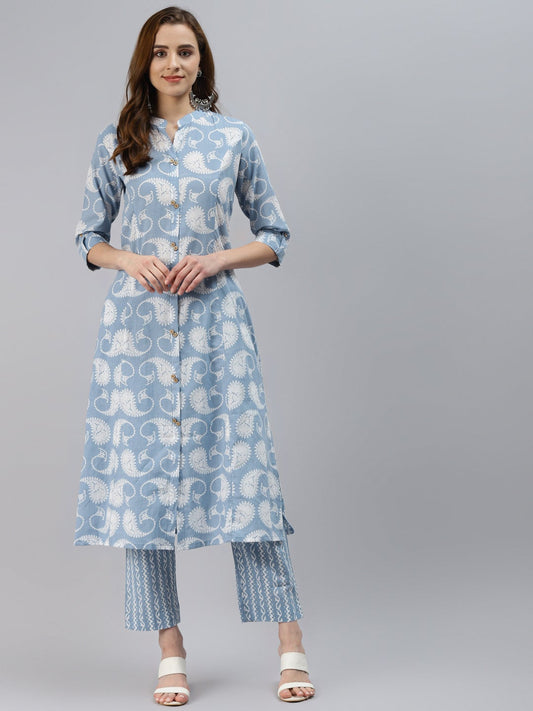 Women'S Skyblue Block Print Cotton A-Line Kurta With Pant Set | LASVINI - Redefining Indian Fashion with Elegance