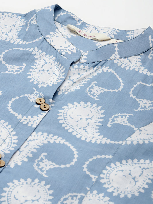 Women'S Skyblue Block Print Cotton A-Line Kurta With Pant Set | LASVINI - Redefining Indian Fashion with Elegance