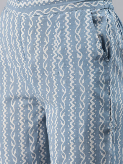 Women'S Skyblue Block Print Cotton A-Line Kurta With Pant Set | LASVINI - Redefining Indian Fashion with Elegance