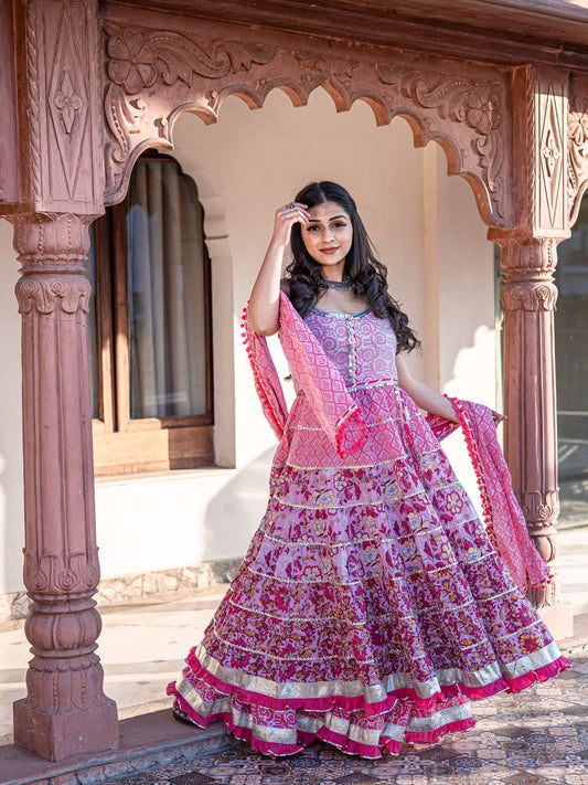 Women Pink Cotton Sleeves Less Anarkali Sharara Set With Dupatta | LASVINI - Redefining Indian Fashion with Elegance