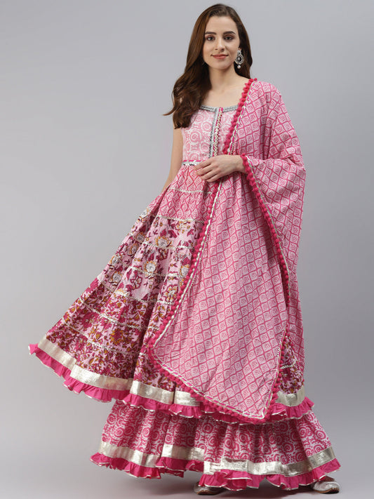 Women'S Pink Cotton Sleeves Less Anarkali Sharara Set With Dupatta | LASVINI - Redefining Indian Fashion with Elegance