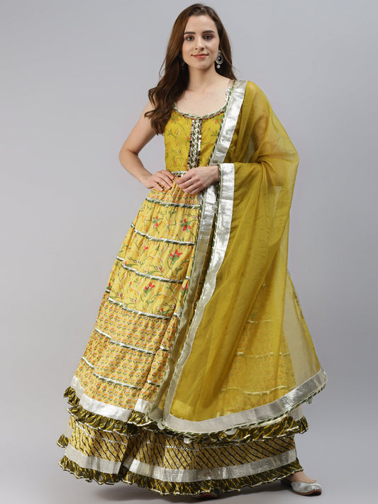 Women'S Yellow Cotton Sleeves Less Anarkali Skirt Set With Dupatta | LASVINI - Redefining Indian Fashion with Elegance
