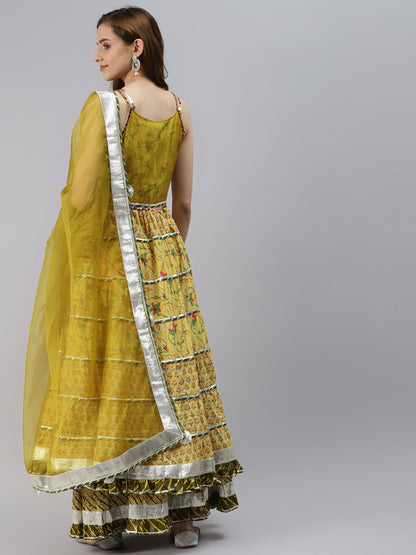 Women'S Yellow Cotton Sleeves Less Anarkali Skirt Set With Dupatta | LASVINI - Redefining Indian Fashion with Elegance