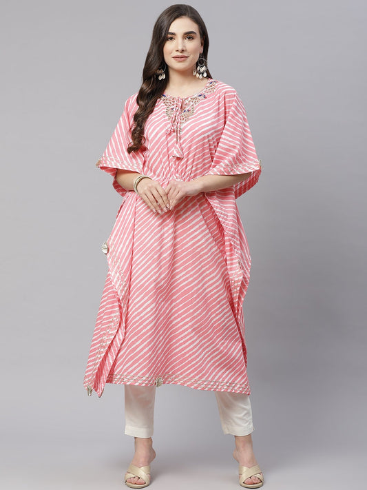 Women'S Baby Pink Cotton Laheriya Kaftan | LASVINI - Redefining Indian Fashion with Elegance