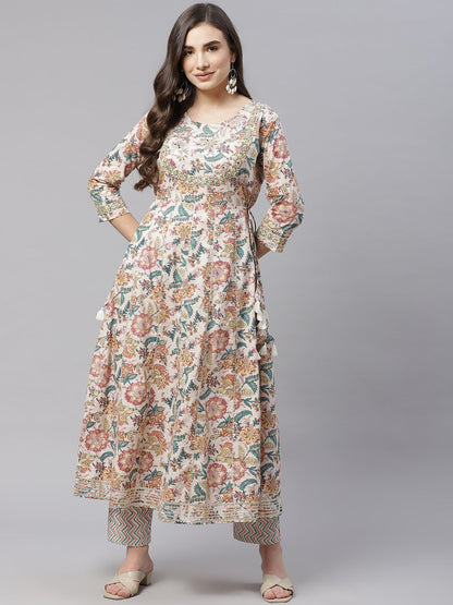 Women'S Off White Cotton Anarkali Kurta Pant Set | LASVINI - Redefining Indian Fashion with Elegance