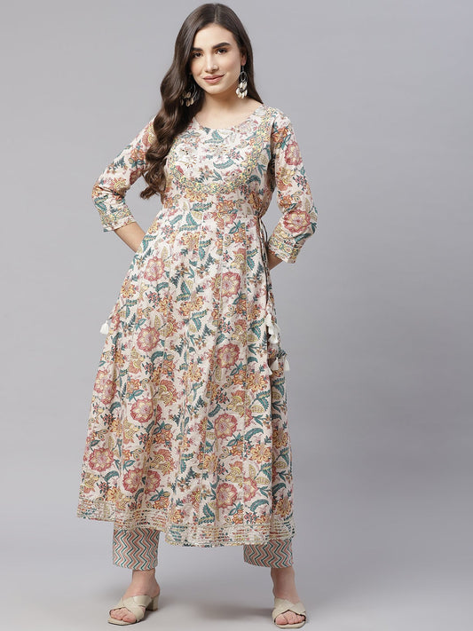 Women'S Off White Cotton Anarkali Kurta Pant Set | LASVINI - Redefining Indian Fashion with Elegance
