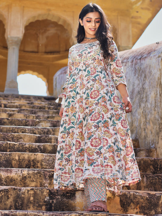 Women Off White Cotton Anarkali Kurta Pant Set | LASVINI - Redefining Indian Fashion with Elegance