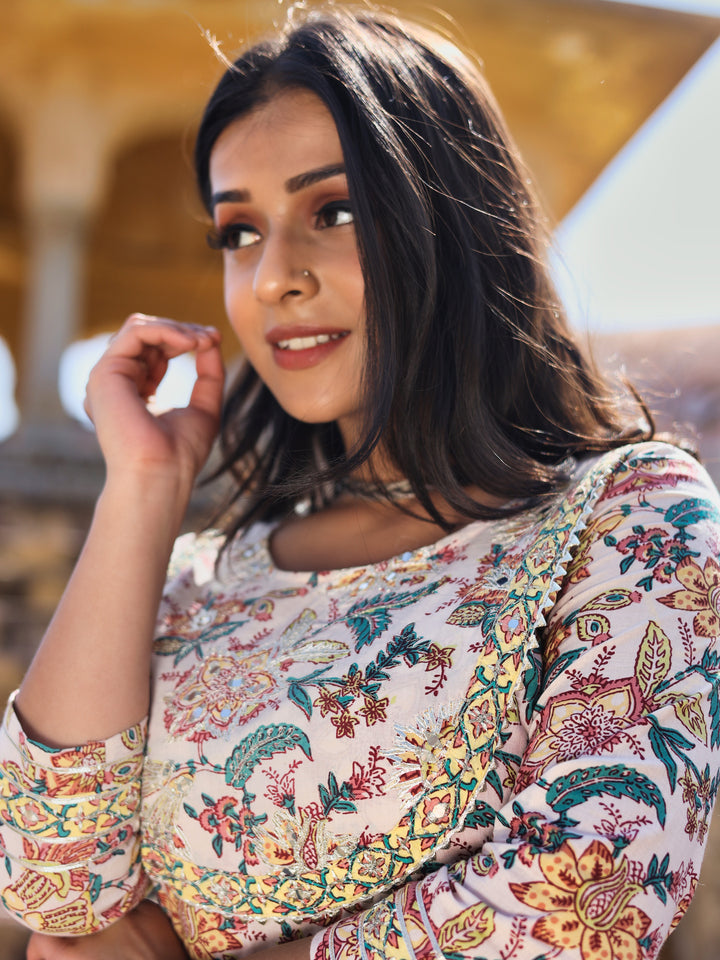 Women Off White Cotton Anarkali Kurta Pant Set | LASVINI - Redefining Indian Fashion with Elegance