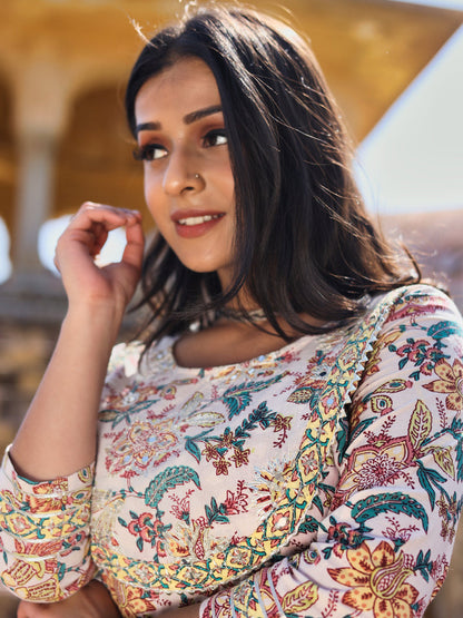 Women Off White Cotton Anarkali Kurta Pant Set | LASVINI - Redefining Indian Fashion with Elegance