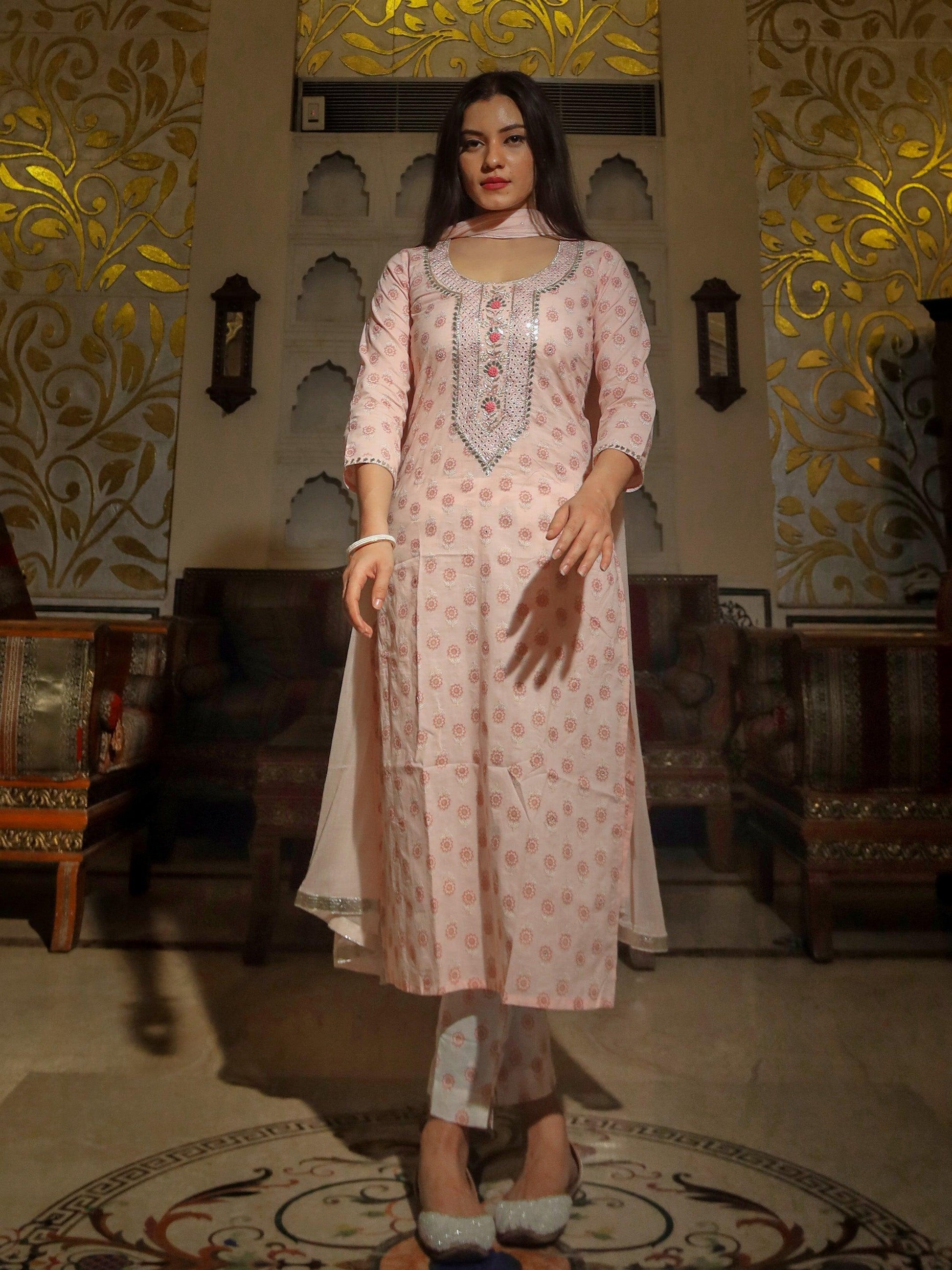 Baby Pink Cotton Kurta Pant Set With Chiffon Dupatta | LASVINI - Redefining Indian Fashion with Elegance