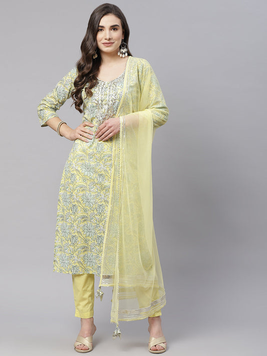Women'S Yellow Cotton Straight Kurta Pant Set With Dupatta | LASVINI - Redefining Indian Fashion with Elegance