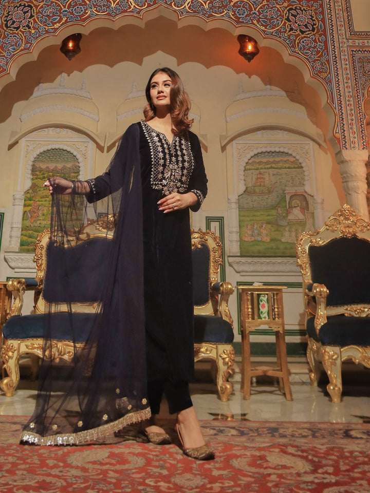 Women Royal Blue Velvet Hand Work Kurta Pant With Net Dupatta Set | LASVINI - Redefining Indian Fashion with Elegance