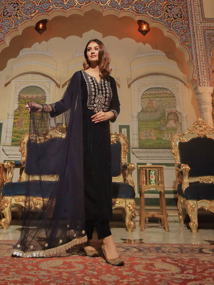 Women Royal Blue Velvet Hand Work Kurta Pant With Net Dupatta Set | LASVINI - Redefining Indian Fashion with Elegance