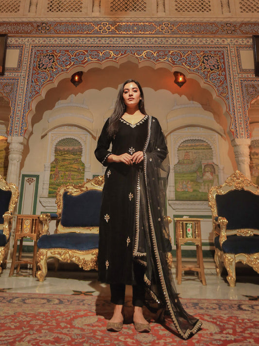 Women Black Velvet Hand Work Kurta Pant With Net Dupatta Set | LASVINI - Redefining Indian Fashion with Elegance