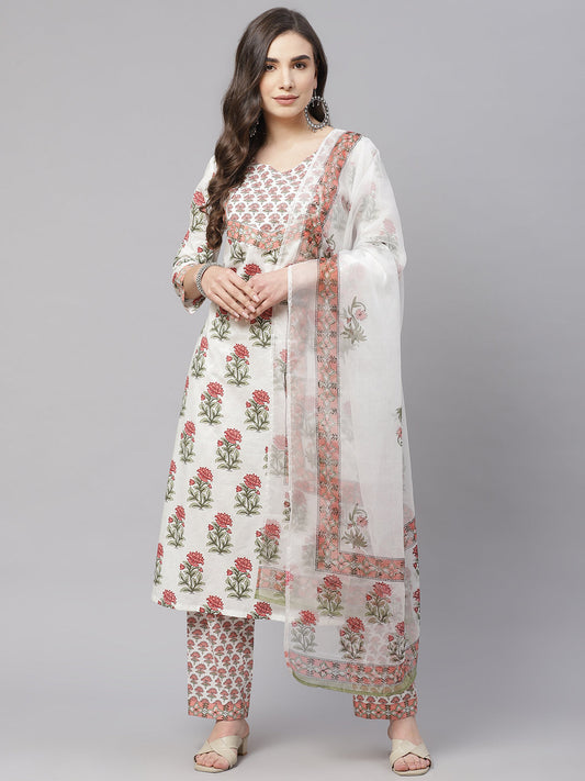 Women'S White Floral Kurta Pant Set With Dupatta | LASVINI - Redefining Indian Fashion with Elegance
