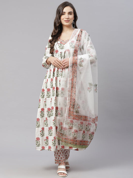 Women'S White Floral Anarkali Kurta Pant Set With Dupatta | LASVINI - Redefining Indian Fashion with Elegance