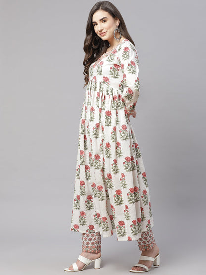 Women'S White Floral Anarkali Kurta Pant Set With Dupatta | LASVINI - Redefining Indian Fashion with Elegance