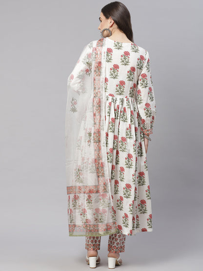 Women'S White Floral Anarkali Kurta Pant Set With Dupatta | LASVINI - Redefining Indian Fashion with Elegance