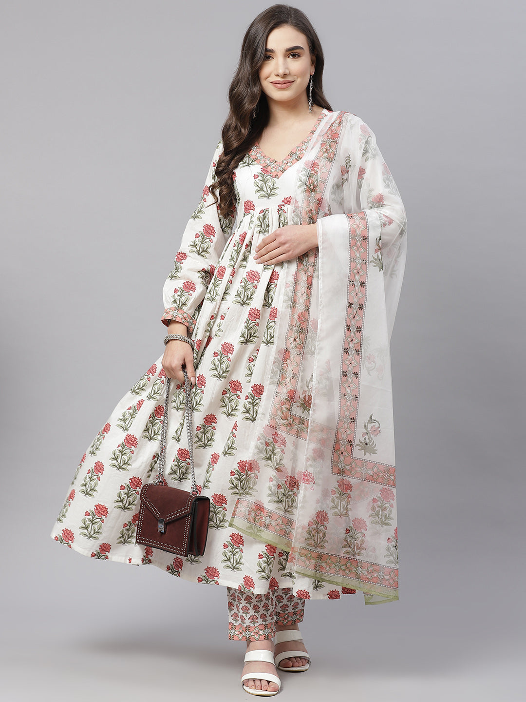 Women'S White Floral Anarkali Kurta Pant Set With Dupatta | LASVINI - Redefining Indian Fashion with Elegance