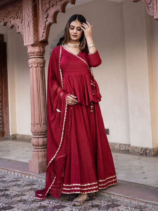 Women Maroon Gota Hand Work Lehenga Dupatta Set | LASVINI - Redefining Indian Fashion with Elegance