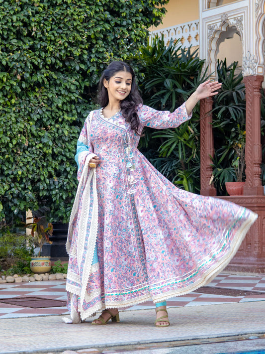 Pink Cotton Floral Printed Anarkali Kurta Pant Set With Dupatta | LASVINI - Redefining Indian Fashion with Elegance