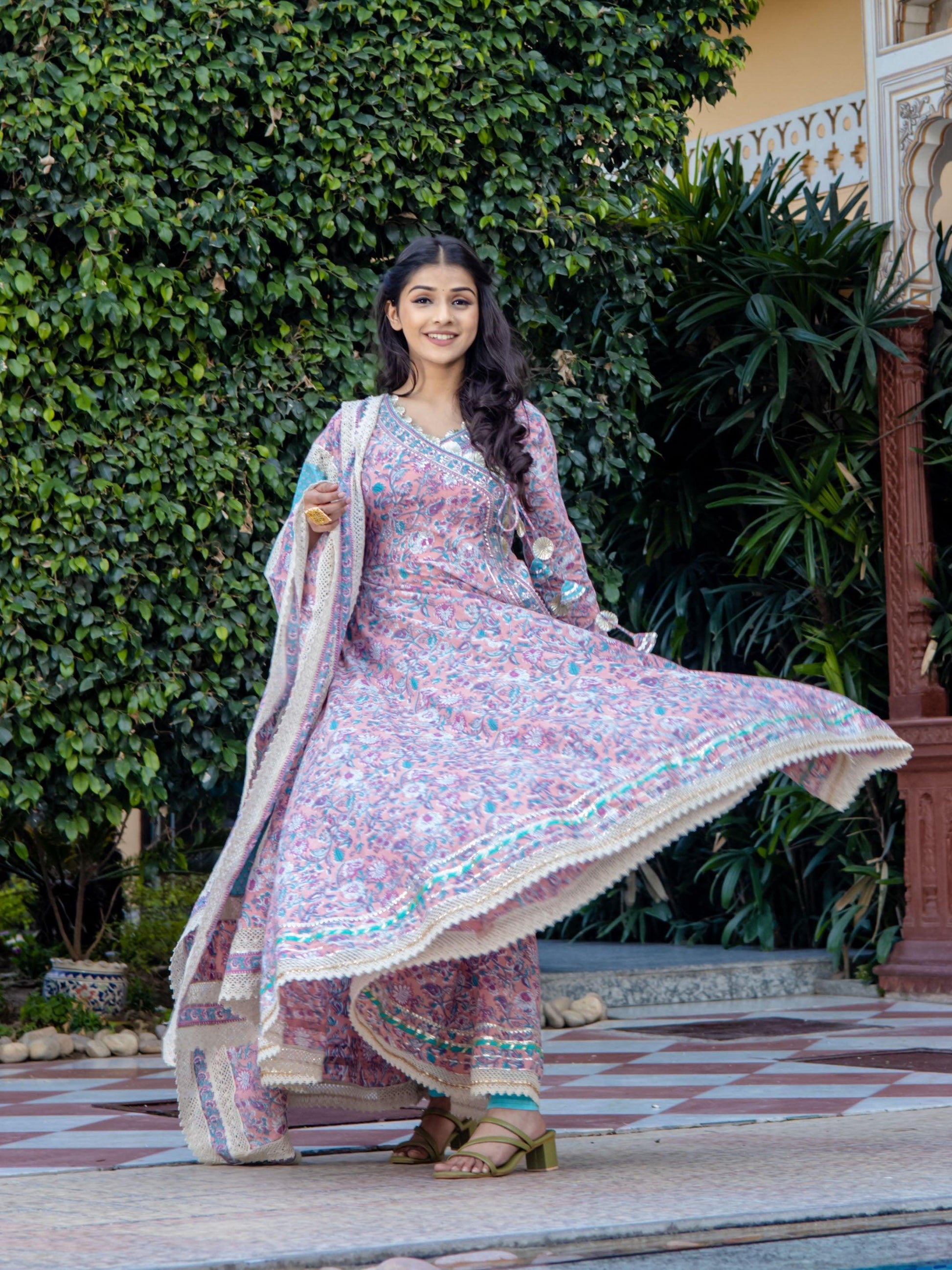 Pink Cotton Floral Printed Anarkali Kurta Pant Set With Dupatta | LASVINI - Redefining Indian Fashion with Elegance