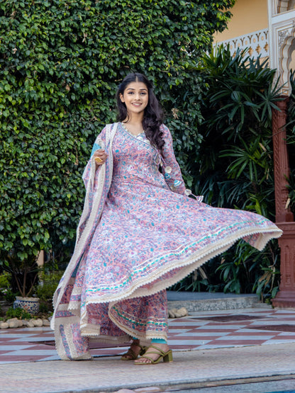 Pink Cotton Floral Printed Anarkali Kurta Pant Set With Dupatta | LASVINI - Redefining Indian Fashion with Elegance