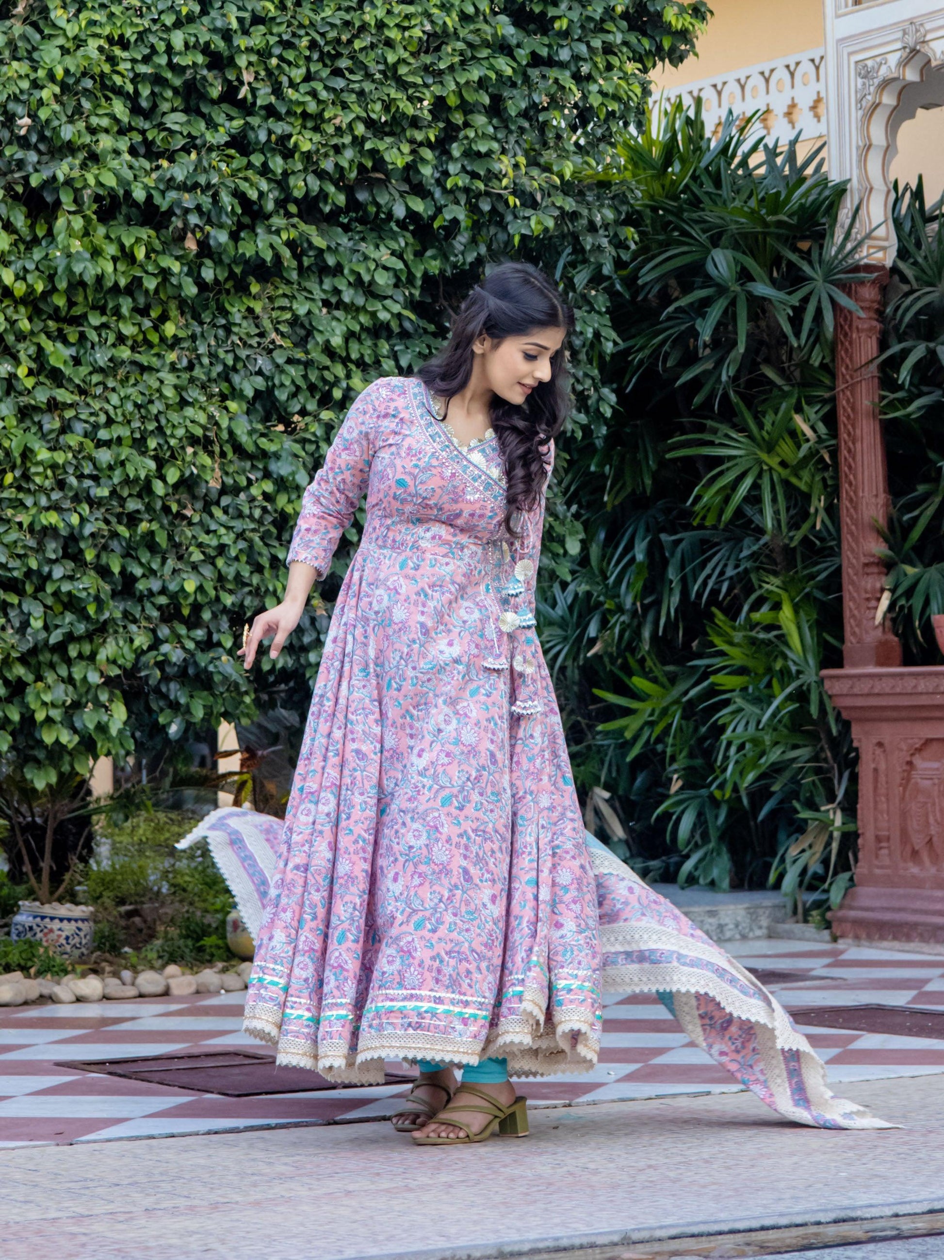 Pink Cotton Floral Printed Anarkali Kurta Pant Set With Dupatta | LASVINI - Redefining Indian Fashion with Elegance