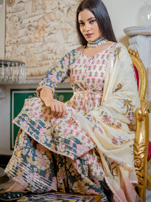 Cream Floral Printed Kurta Sharara With Dupatta Set | LASVINI - Redefining Indian Fashion with Elegance