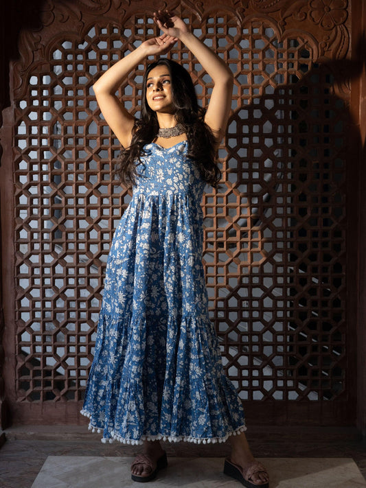 Indigo Floral Printed Shoulder Strip Long Dress | LASVINI - Redefining Indian Fashion with Elegance