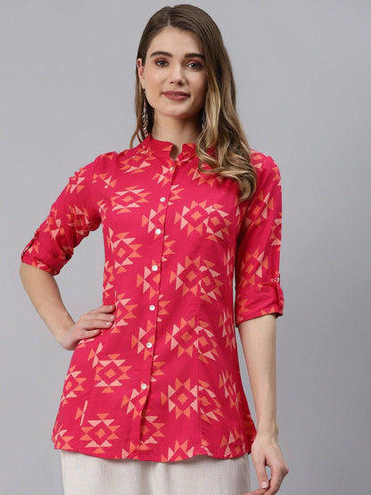 Pink Geometric Print Rayon Shirt Style Top | LASVINI - Redefining Indian Fashion with Elegance