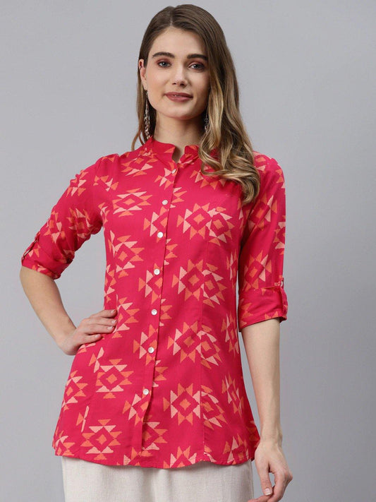 Pink Geometric Print Rayon Shirt Style Top | LASVINI - Redefining Indian Fashion with Elegance