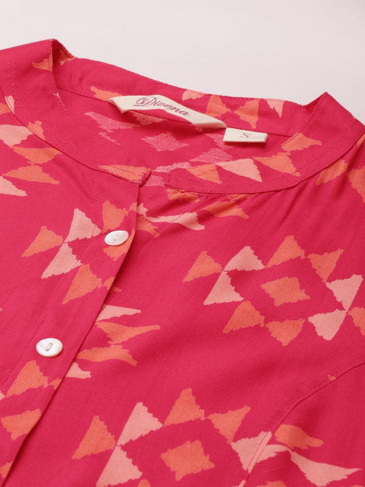 Pink Geometric Print Rayon Shirt Style Top | LASVINI - Redefining Indian Fashion with Elegance