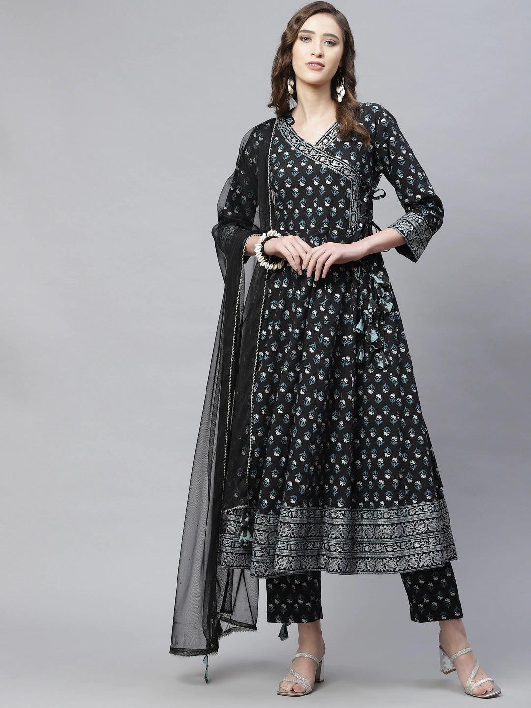 Black Anarkali Kurta Pant Set With Net Dupatta | LASVINI - Redefining Indian Fashion with Elegance