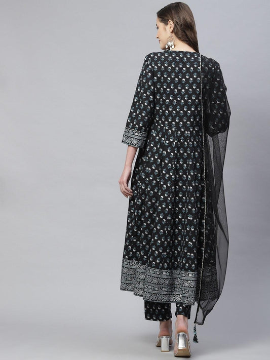 Black Anarkali Kurta Pant Set With Net Dupatta | LASVINI - Redefining Indian Fashion with Elegance